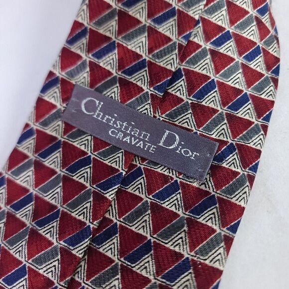 Christian Dior Red Blue Tie Necktie 100% Silk Geometric Printed Tie - Picture 7 of 7